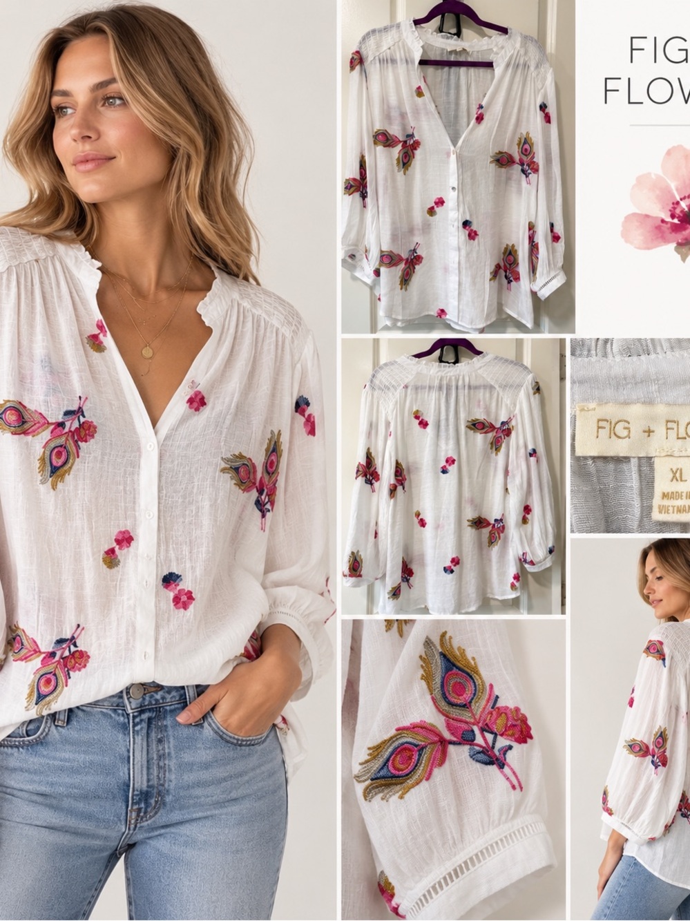Fig & Flower Sheer White Blouse with Pink, Gold & Blue Embroidery